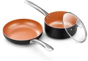csk copper nonstick cookware set - nonstick and saucepan, all stove tops compatible, oven-safe, multi-ply, ceramic coating, ptfe & pfoa-free, stainless steel handle, for stew boil fry and saute, 3 pcs