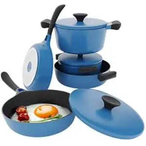vremi 8 piece ceramic nonstick cookware set induction stovetop compatible dishwasher safe non stick pots and frying pans with lids, blue