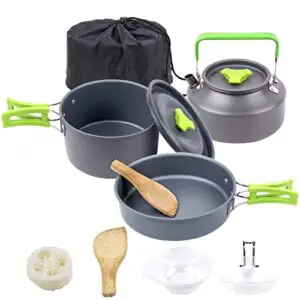 macarren outdoor camping cookware set with pot pan and kettle，portable hiking backpacking cooking pot set，lightweight cookware for hiking, backpacking and picnic