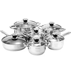 jfj 5-ply de stainless steel 12-piece cookware set with temperature meter | professional home chef grade clad pots and pans sets | all surface induction & oven safe | premium cooking gift
