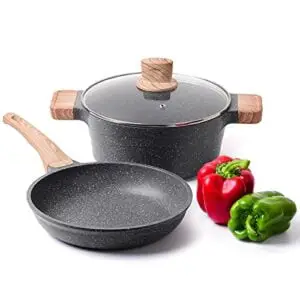 pots and pans set - caannasweis 3 pieces nonstick cookware sets, non-stick frying pan and stockpot with lid, fry basket, granite cookware set, induction compatible pots and pans sets marble
