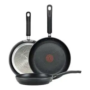 t-fal e938s3 professional total nonstick thermo-spot heat indicator fry pan cookware set, 3-piece, 8-inch 10.5-inch and 12.5-inch, black
