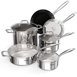 ciwete stainless steel pots and pans set, 10 piece kitchen cookware set with tri-ply bases and lids, pots and pans set with nonstick pan, 18/10 stainless steel induction cookware