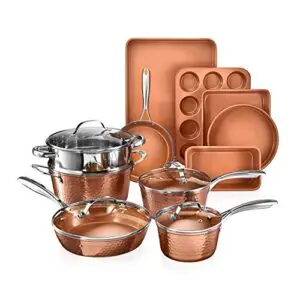 gotham steel hammered copper collection – 15 piece premium cookware & bakeware set with nonstick coating, aluminum composition– includes fry pans, stock pots, bakeware set & more, dishwasher safe