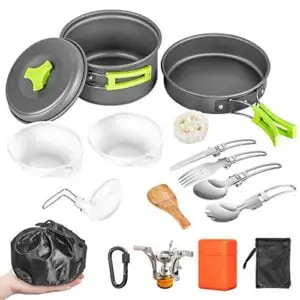 aire 16 pcs camping cookware set stove canister stand tripod outdoor hiking picnic non-stick cooking backpacking with folding knife and fork set mess kit