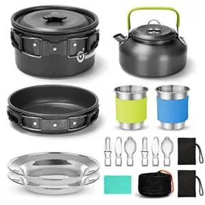 odoland 15pcs camping cookware mess kit, non-stick lightweight pot pan kettle set with stainless steel cups plates forks knives spoons for camping, backpacking, outdoor cooking and picnic