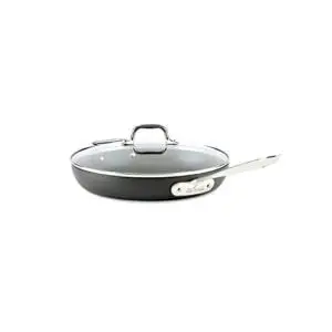 all-clad ha1 hard anodized nonstick frying pan with lid, 12 inch pan cookware, medium grey -