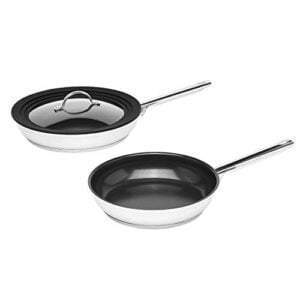 amazon basics 3pc full induction stainless steel ceramic coated non-stick frypan set with universal lid, 24cm/28cm frypans with lid, black