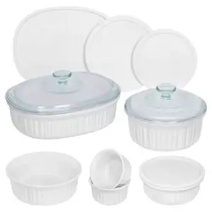 corningware french white 12 piece ceramic bakeware set | microwave, oven, fridge, freezer, and dishwasher safe | resists chipping and cracking | doesn't absorb food odors and stains