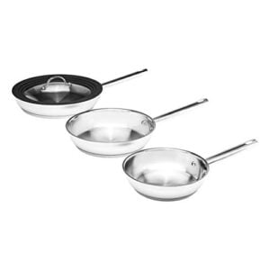 amazon basics 4pc full induction stainless steel frypan set with universal lid, 20cm/24cm/28cm frypans with lid