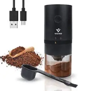 vigind portable electric burr coffee grinder, coffee maker with grinder with adjustable settings, burr grinder with multi grind setting, usb rechargeable simple push button operation with a spoon
