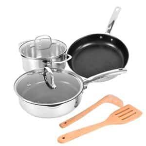 mobuta 5 piece stainless steel professional kitchen cookware set, induction pots and pans set with tri-ply base,glass lids and riveted handles,dishwasher & oven safe