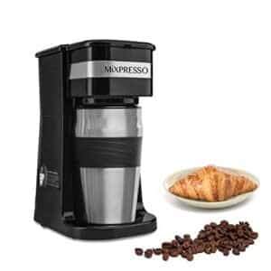 mixpresso 2-in-1 single cup coffee maker & 14oz travel mug combo | portable & lightweight personal drip coffee brewer & tumbler advanced auto shut off function & reusable eco-friendly filter