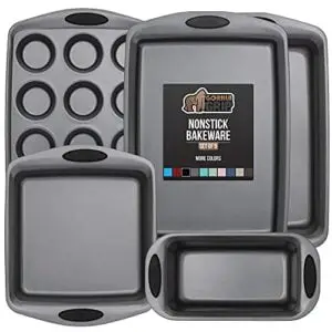 gorilla grip nonstick, heavy duty, carbon steel bakeware sets, 5 piece baking set, rust resistant, silicone handles, 1 cookie sheet, roasting pan, loaf pan, square pan, 12 cup muffin tin, black