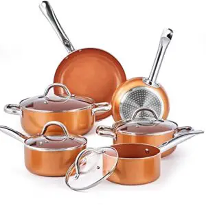 nonstick pots and pans set copper, 10 piece aluminum cookware set for kitchen induction cooktop, pfoa free, dishwasher and oven safe, orange