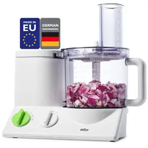 braun fp3020 12 cup food processor ultra quiet powerful motor, includes 7 attachment blades + chopper and citrus juicer , made in europe with german engineering