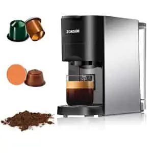 zoksun 3 in 1 multi capsule espresso coffee machine compatible with nespresso original dolce gusto and ground coffee, 19 bar pump espresso pod machine for home with spoon, self-cleaning function, 27oz removable water tank, black