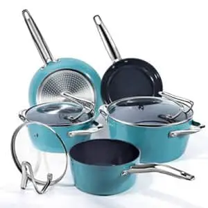 nonstick pot and pan cooking set, redmond kitchen ceramic cookware set for stovetops, induction cooktops, dishwasher/oven safe, 8 pieces, blue