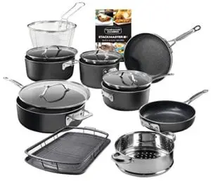 granitestone stackmaster 15 piece nonstick cookware set, scratch-resistant kitchenware pots and pans, induction-compatible, granite-coated anodized aluminum, dishwasher-safe, pfoa-free as seen on tv