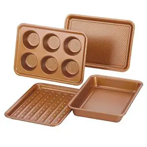 ayesha curry nonstick bakeware toaster oven set with nonstick baking pan, cookie sheet / baking sheet and muffin pan / cupcake pan - 4 piece, copper brown